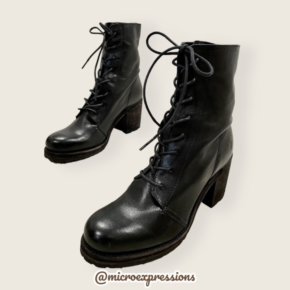 $429 Frye Karen Lace Up Black Real Leather Combat Short Chunky Comfy Ankle Boot - Picture 10 of 16